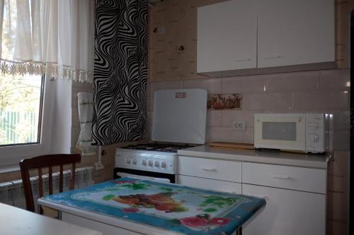 a kitchen with a stove and a microwave at Private House in Bălţi