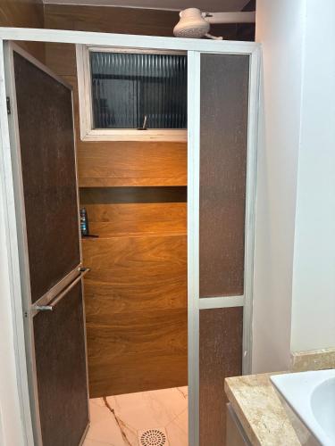 a bathroom with a wooden door and a sink at Apartamento albion in Porto Alegre