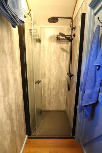 a shower with a glass door in a bathroom at Spring Grounds Farm Shepherd Huts in Mollington