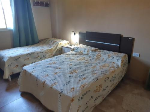 Un dormitorio con dos camas y una lámpara. en La Loma, en Federación