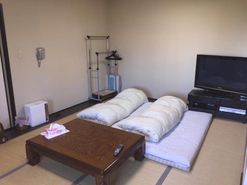 a living room with four pillows and a tv at Ryokan Yamaichi in Wakkanai