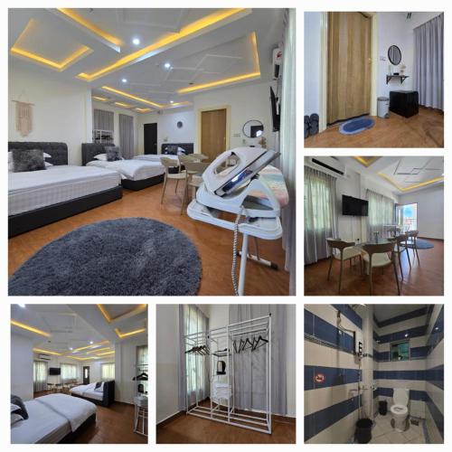 a collage of four pictures of a hotel room at Magnificent White House Semporna by The Minimalist in Semporna