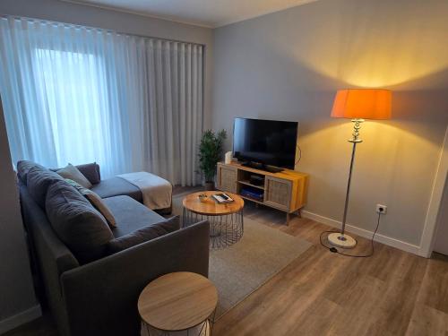 a living room with a couch and a television at Cozy Dot Apartment in Ponta Delgada