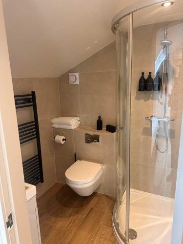 a bathroom with a toilet and a shower at Cross Pipes Tavern and Rooms in Otley