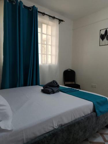 a bedroom with a large bed with a blue curtain at Kofi's Cave - 1 bedroom Apartment with Balcony, WIFI, Gym and private Car park near Kisumu Airport in Kisumu