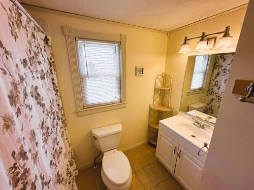 a bathroom with a toilet and a sink and a mirror at D141- Kelly in Duck