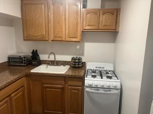 ブルックリンにあるLuxury 2-bedroom and 1-bathroomのキッチン(白いコンロ、シンク付)