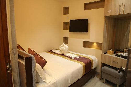 a hotel room with a bed and a television at Hotel Tapowan in Kathmandu
