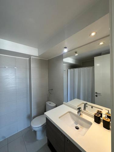 a bathroom with a sink and a toilet and a mirror at Matías Plaza in Santiago