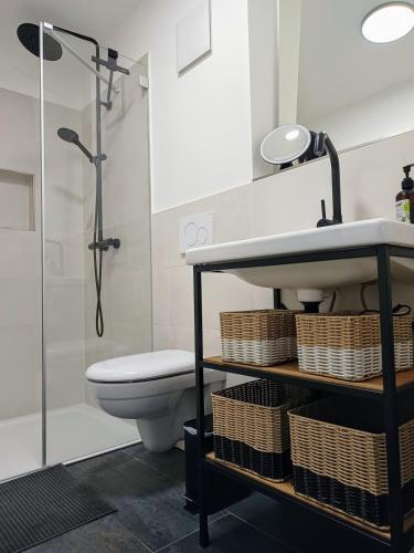 a bathroom with a sink and a toilet at Studio-Apartment in Eisenberg, Thüringen in Eisenberg