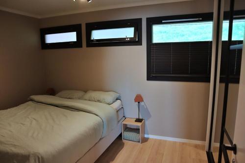 モルデにあるApartment in Moldeのベッドと2つの窓がある寝室