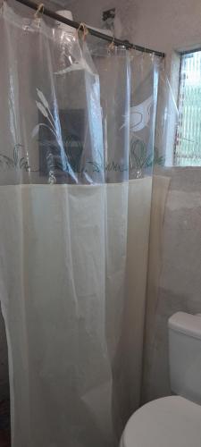 a bathroom with a toilet and a shower curtain at Casa de praia Coroados in Guaratuba