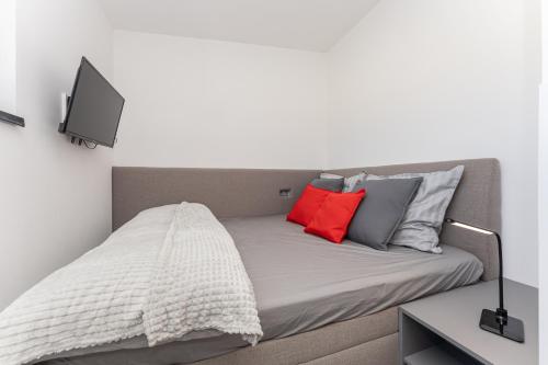 a bed with two red pillows on it in a room at V Doubravách in Boskovice