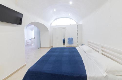 a bedroom with a blue and white bed and a tv at O'Vascio Sant'Angelo in Serrara Fontana