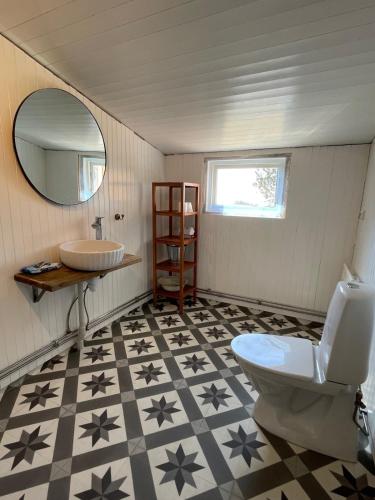 a bathroom with a toilet and a sink at Skokkelvika gård in Vestvågøya