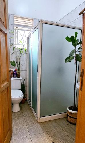 a bathroom with a shower and a toilet at Hidden Gem homes in Kampala