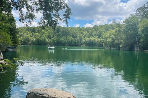 a lake with a boat in the middle at Beaver Lake Luxury Retreat - Whispering Pines in Rambo Riviera