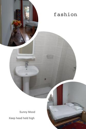 two pictures of a bathroom with a sink and a mirror at Keur Fall Aéroport in Saint-Louis