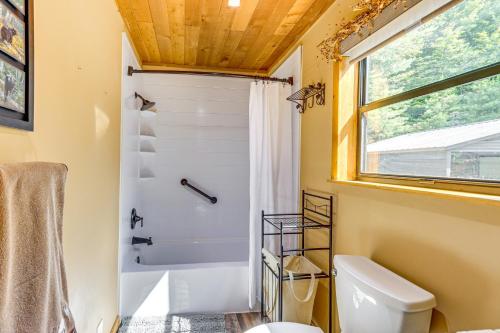 a bathroom with a shower and a toilet at Deck, Panoramic Views Serene Mineral Bluff Cabin! in Mineral Bluff