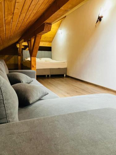 a bedroom with two beds and a couch in it at Pensiunea Agroturistica Cerna, Vaideeni - Polovragi in Vaideeni
