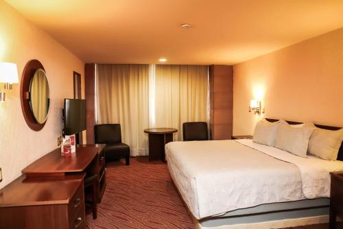 a hotel room with a large bed and a desk at Hotel Real Plaza Aguascalientes in Aguascalientes
