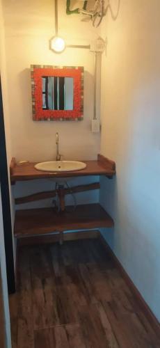 a bathroom with a sink and a mirror at Cabaña Las liebres in San Roque
