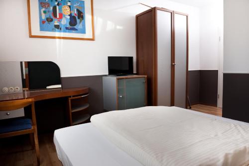 a bedroom with a bed and a desk and a television at Hotel Castellana in Lessien