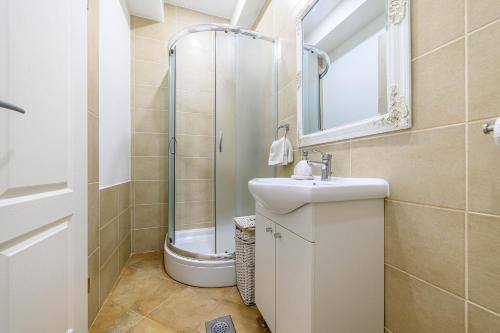 un baño con lavabo y ducha en Holiday house with a swimming pool Konjevrate, Krka - 24925, en Konjevrate