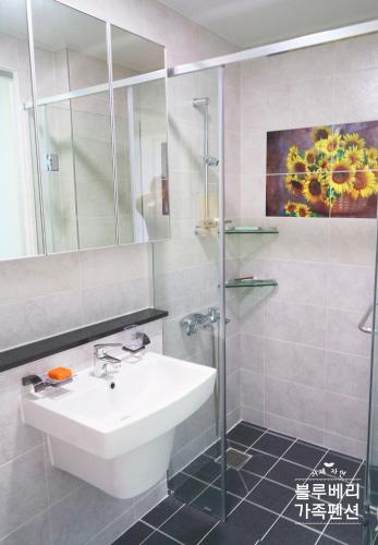 a bathroom with a sink and a shower at Geoje Blueberry Pension in Geoje 