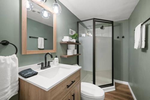 a bathroom with a sink and a shower at 9mi To NRG | Game Room | Hot Tub | Firepit | Grill in Oak Hill