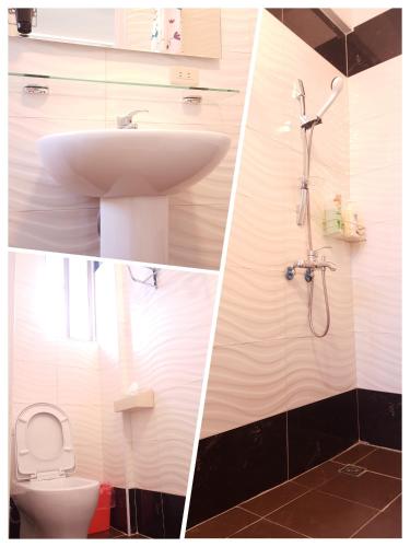 two pictures of a bathroom with a sink and a toilet at 站前海民宿 in Hualien City