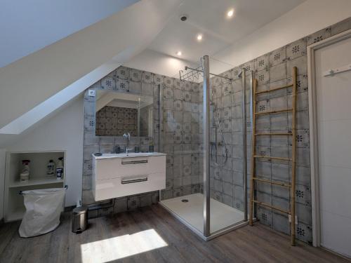 a bathroom with a shower and a sink at Gîte Climatisé avec Jardin à Tavers - FR-1-590-582 in Tavers