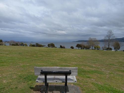 a bench in a field with a view of the water at Tawa Tiny Stays Luxury adults only with spa in Taupo