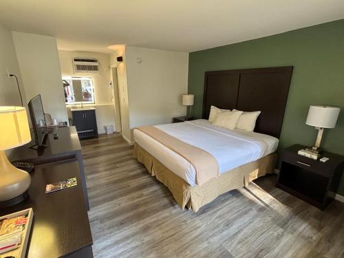 a bedroom with a large bed and a green wall at Castlewood Inn in Maggie Valley