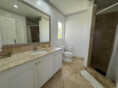a bathroom with a sink and a toilet and a mirror at Villas on the Green Cap estate in Gros Islet