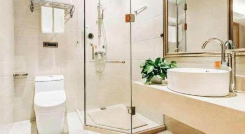 a bathroom with a toilet and a sink and a shower at Vienna Hotel Inner Mongolia Tongliao Development Zone in Tongliao