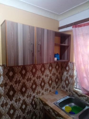 a kitchen with a sink and wooden cabinets at Keroka Luxury Apartment in Keroka
