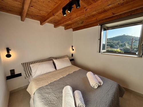 Un dormitorio con una cama y una ventana grande. en Aethon Retreat, en Kousés
