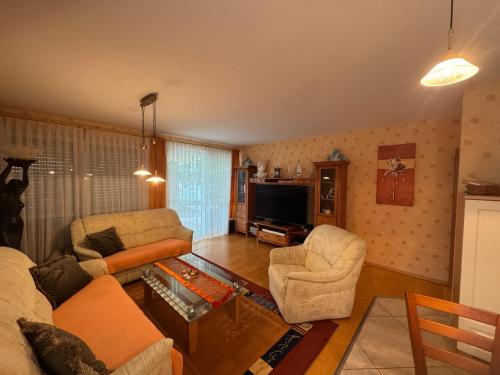 a living room with a couch and chairs and a tv at Ferienwohnung Baier in Überlingen