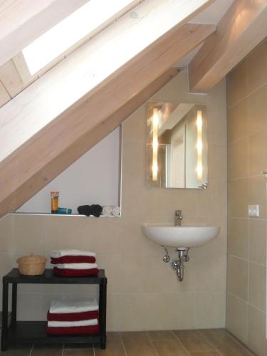 a bathroom with a sink and a mirror at Ferienwohnung Elisabeth in Riedenburg