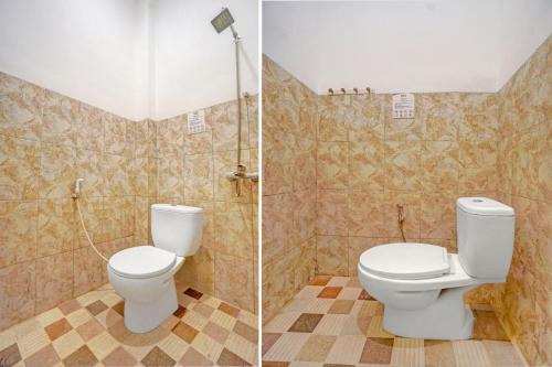 two pictures of a bathroom with a toilet and a shower at Capital O Rumah Kalimosodo in Malang