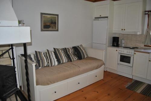 a small kitchen with a couch in a room at Orsastuguthyrning-Hansjö in Orsa