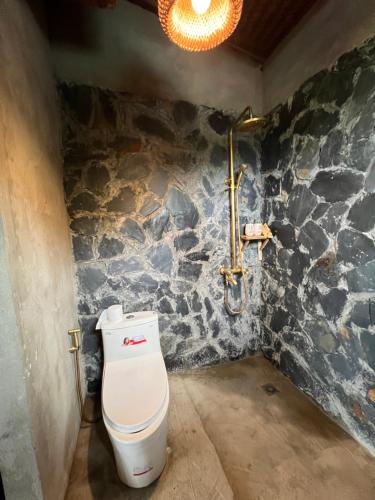 a bathroom with a toilet and a stone wall at Pu Luong Serenity Lodge in Pu Luong