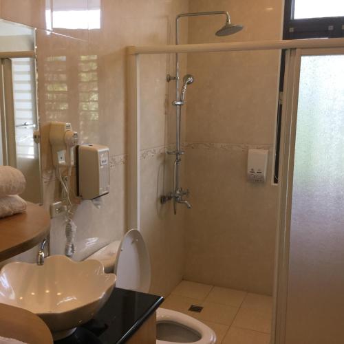 a bathroom with a shower and a sink and a toilet at 闕麒景觀民宿Chill Villa B&B in Puli