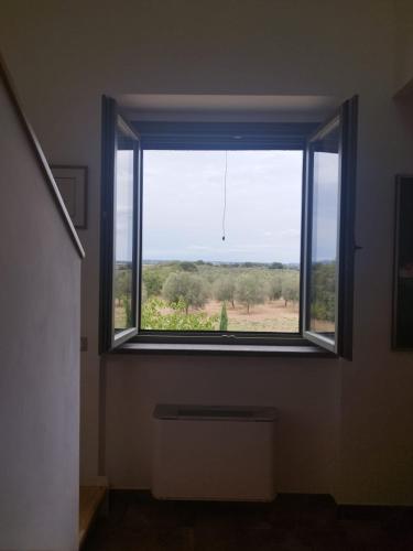 a window in a room with a view of a field at Agriturismo Tenuta La Castelluzza in Tuscania