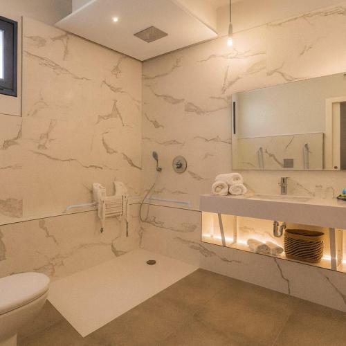 a bathroom with a toilet and a sink and a mirror at TRIA NOMINA Apartamentos Turísticos in Mérida