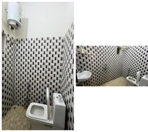 2 fotos de un baño con lavabo y aseo en Pushkar Story Homestay, en Pushkar
