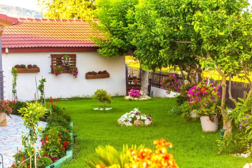 a garden in front of a house with flowers at Villa Ikaros in Ammoudia
