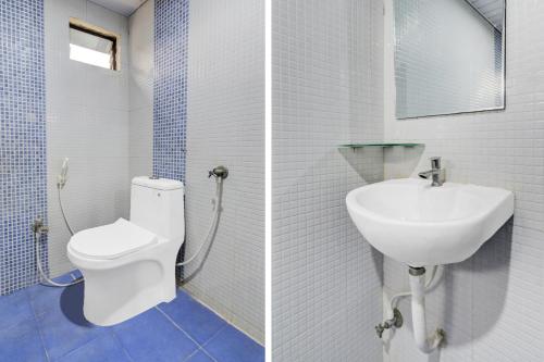 two pictures of a bathroom with a toilet and a sink at Hotel O Isckon Temple in Hyderabad