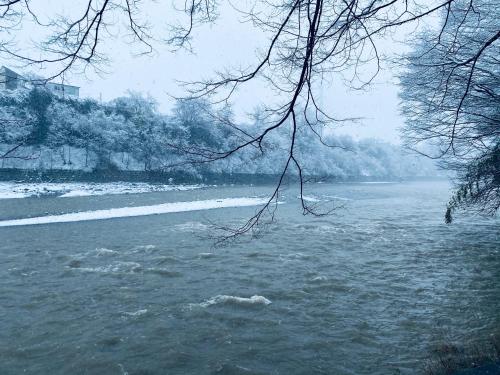 a view of a river with snow on it at 料理自慢の温泉宿せせらぎ荘 in Chichibu